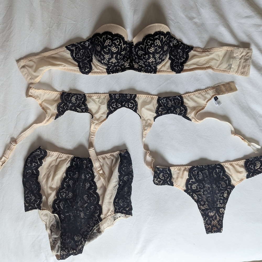 Blush and black Blush Lingerie set with garter belt, bra, thong/brief panty